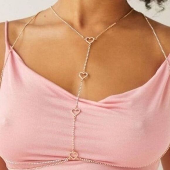 NWT Urban Outfitters gold tone rhinestone hearts body chain - Picture 1 of 8